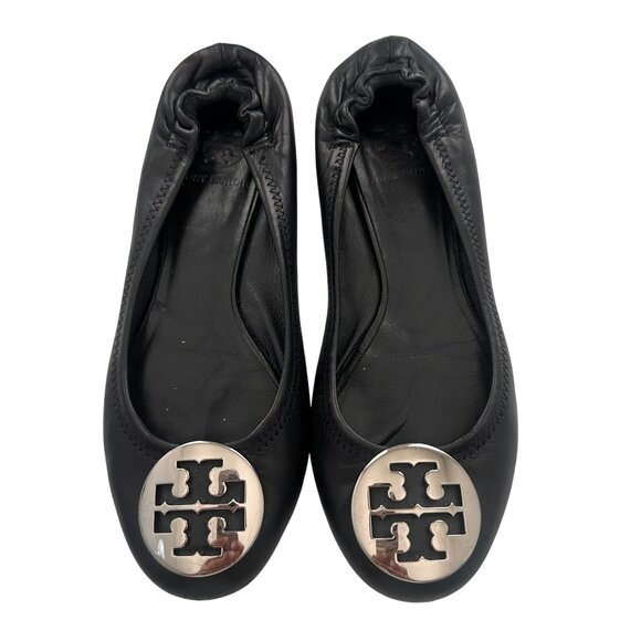 Tory Burch Classic Minnie Leather Travel Ballet Flat Black and Silver Size 7 - Picture 1 of 7